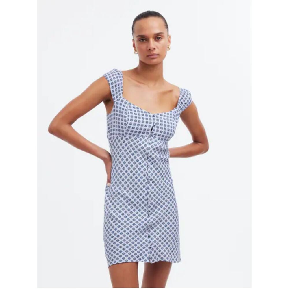 Madewell Cap-Sleeve Button-Front Mini Dress Geometric‎ Print Blue Sweetheart 6